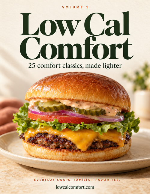 Low Cal Comfort Volume 1 cookbook cover featuring a smash burger